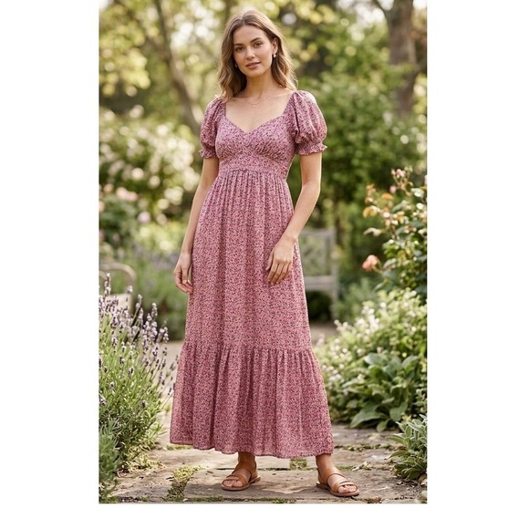 PinkBlush Floral Maxi Dress M Puff Sleeve Sweetheart Tiered Milkmaid Soft Girl - Picture 2 of 13
